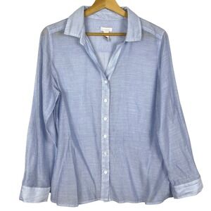 Chico's Women Textured Button Down Sheer Shirt Sz 1 US 8 M Classic Preppy Blue